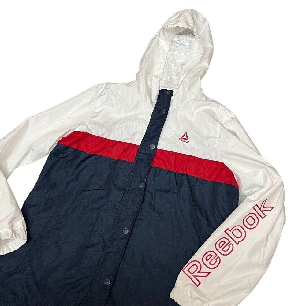 Reebok‎ Windbreaker Logo Red White Blue Hoodie Snap Button Women’s XL